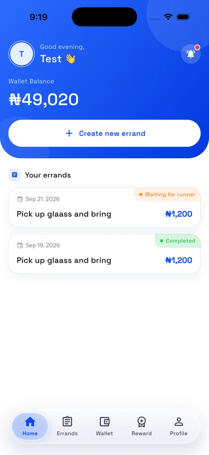 Home screen with wallet and errands
